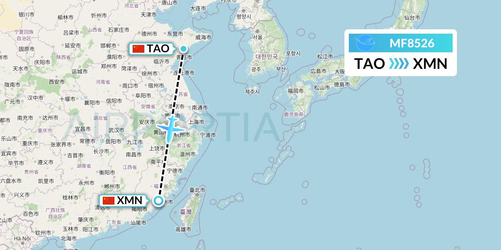 MF8526 Xiamen Airlines Flight Map: Qingdao to Xiamen