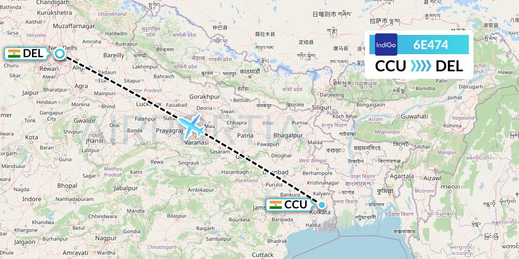 6E474 IndiGo Airlines Flight Map: Kolkata to Delhi