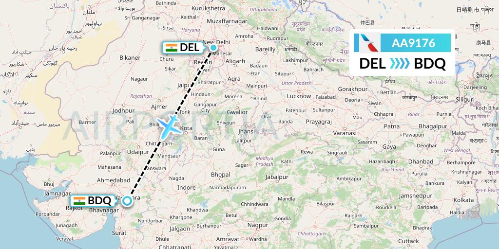 AA9176 American Airlines Flight Map: Delhi to Vadodara