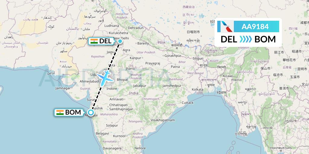 AA9184 American Airlines Flight Map: Delhi to Mumbai