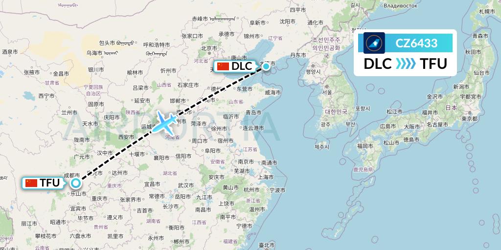 CZ6433 China Southern Airlines Flight Map: Dalian to Chengdu