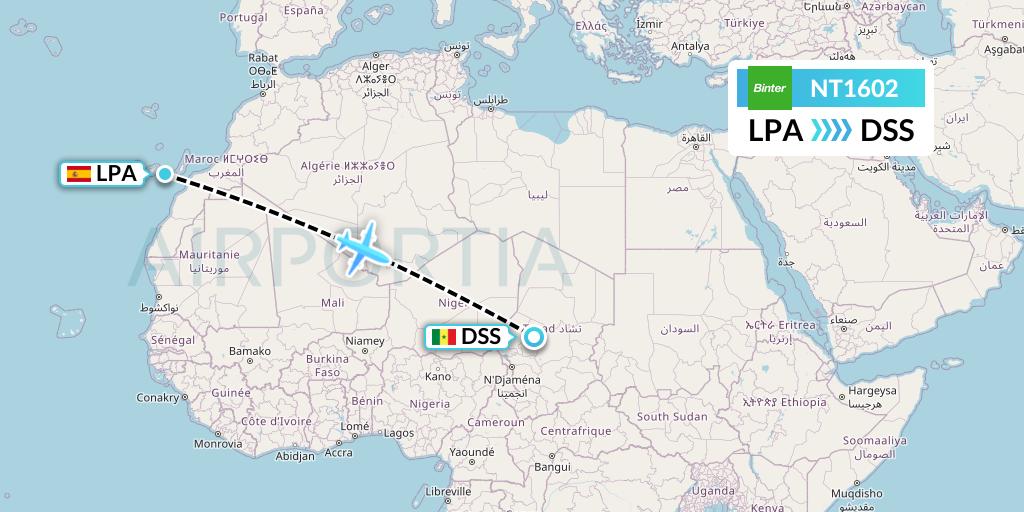 NT1602 Binter Canarias Flight Map: Las Palmas to Dakar