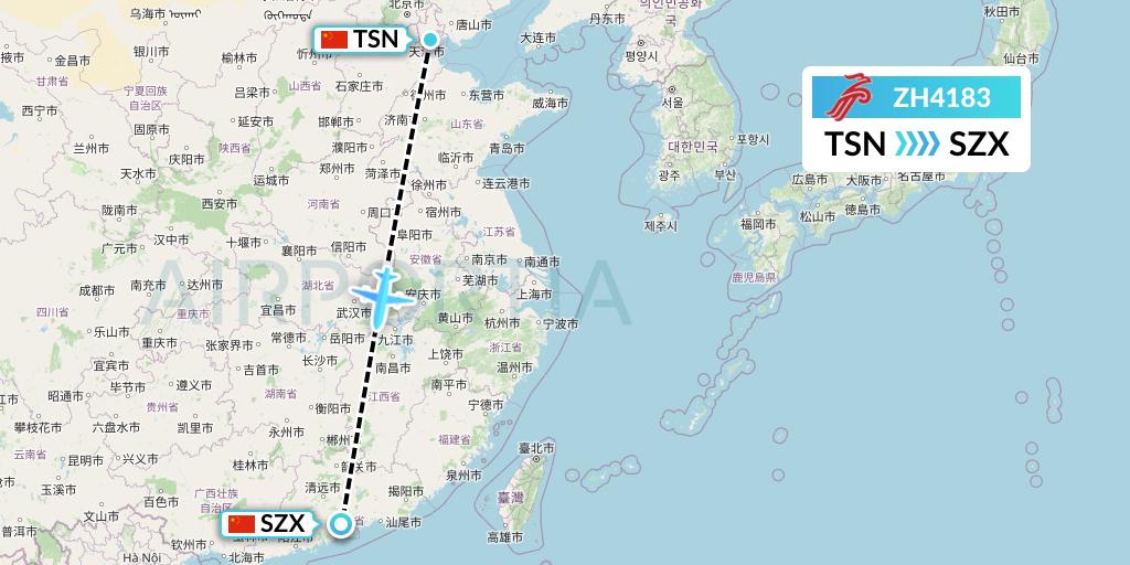 ZH4183 Shenzhen Airlines Flight Map: Tianjin to Shenzhen