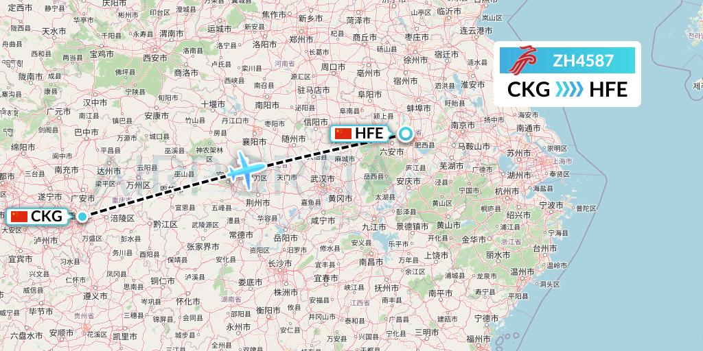 ZH4587 Shenzhen Airlines Flight Map: Chongqing to Hefei