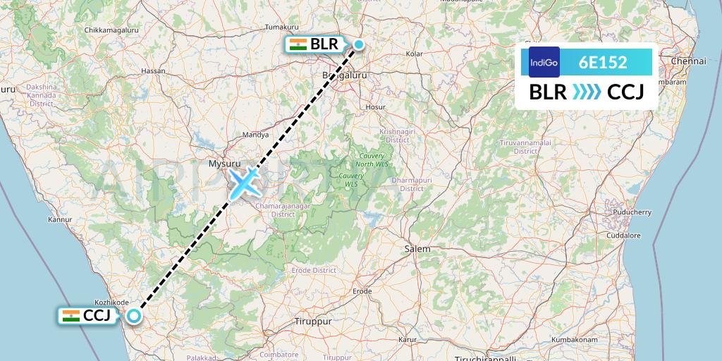 6E152 IndiGo Airlines Flight Map: Bangalore to Kozhikode