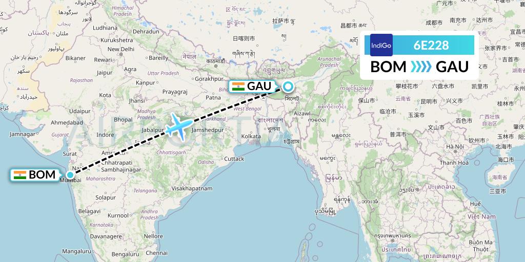 6E228 IndiGo Airlines Flight Map: Mumbai to Guwahati
