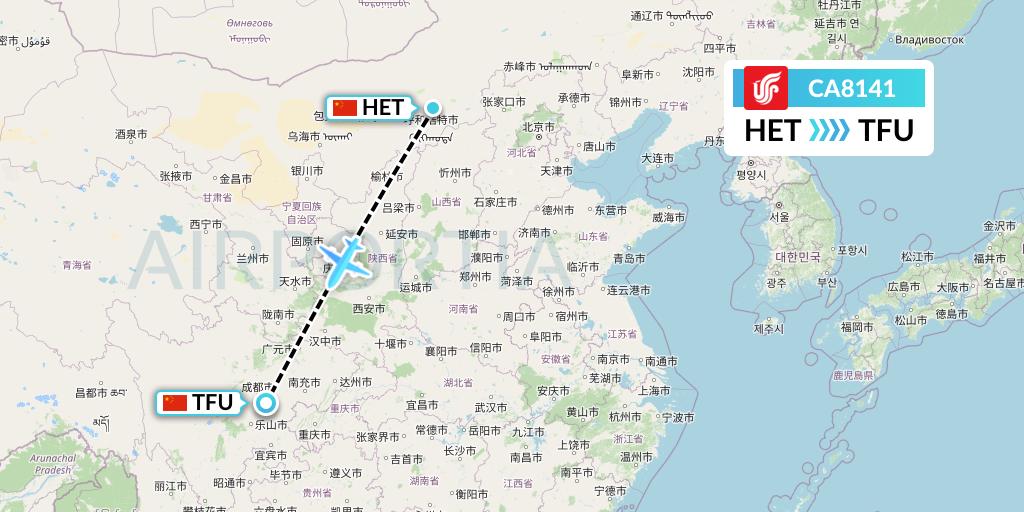 CA8141 Air China Flight Map: Hohhot to Chengdu