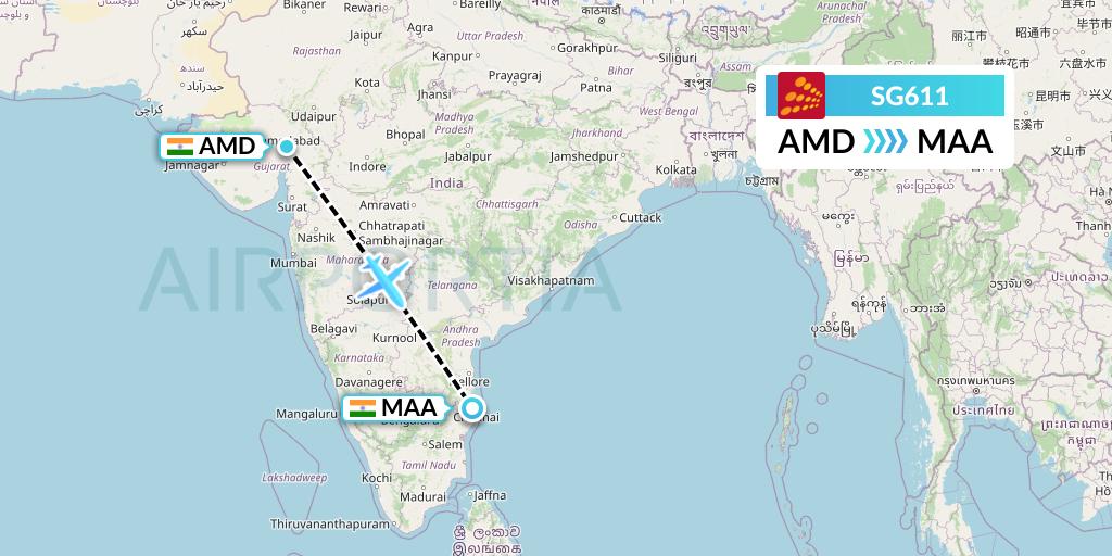 SG611 SpiceJet Flight Map: Ahmedabad to Chennai