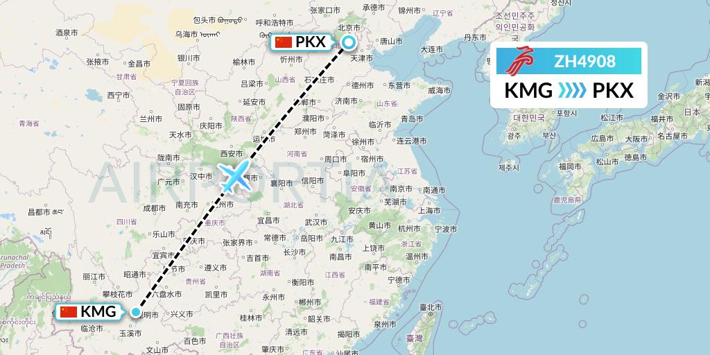 ZH4908 Shenzhen Airlines Flight Map: Kunming to Beijing