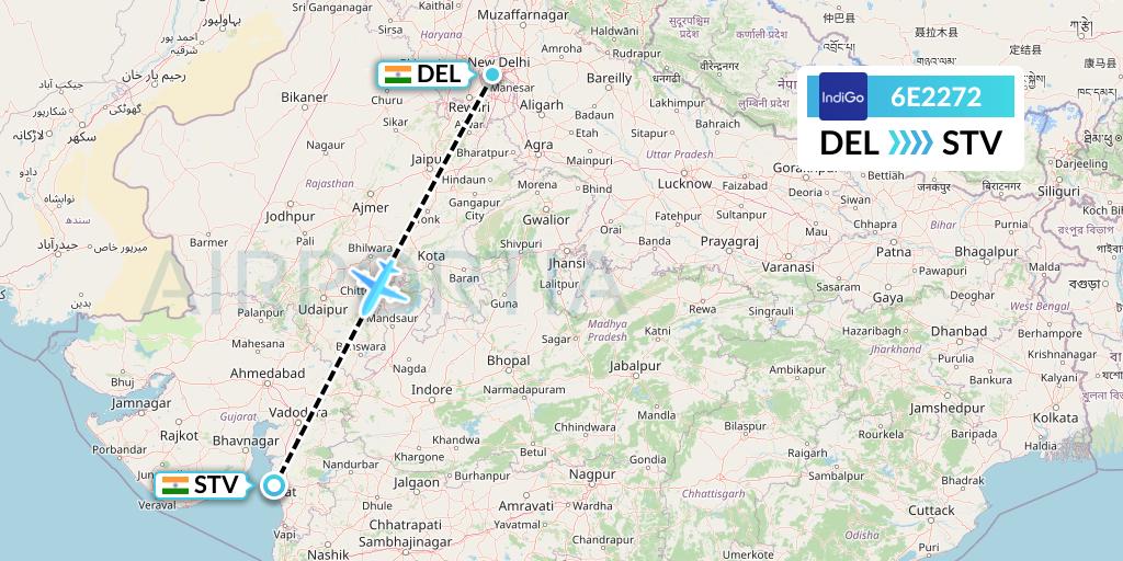 6E2272 IndiGo Airlines Flight Map: Delhi to Surat