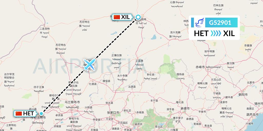 G52901 China Express Airlines Flight Map: Hohhot to Xilinhot