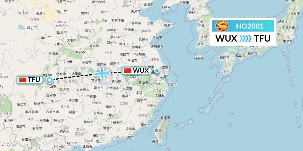 HO2001 Juneyao Airlines Flight Map: Wuxi to Chengdu