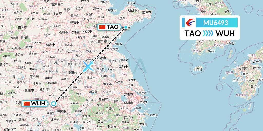 MU6493 China Eastern Airlines Flight Map: Qingdao to Wuhan