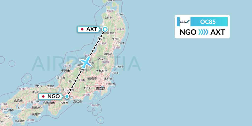 OC85 Oriental Air Bridge Flight Map: Nagoya to Akita