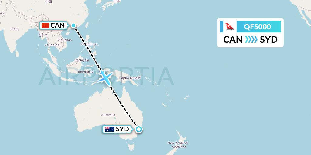 QF5000 Qantas Flight Map: Guangzhou to Sydney