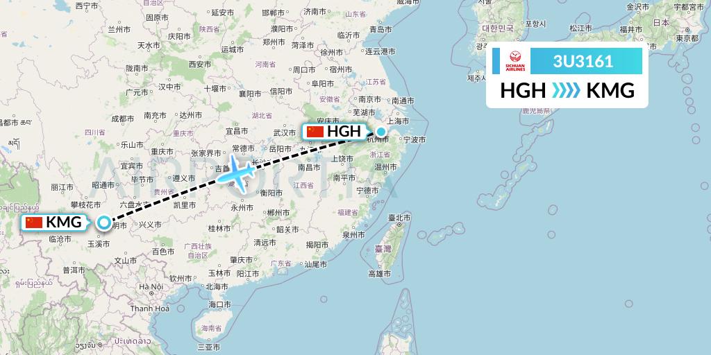 3U3161 Sichuan Airlines Flight Map: Hangzhou to Kunming