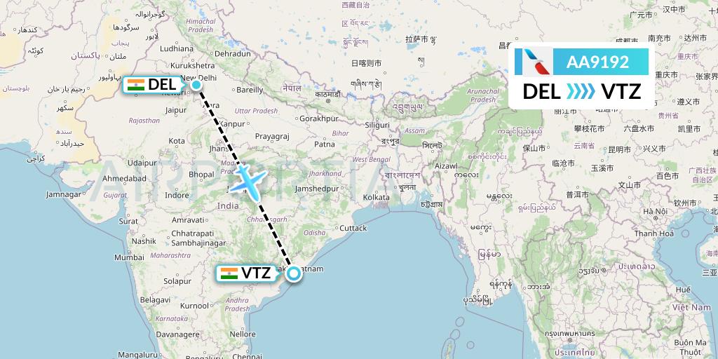 AA9192 American Airlines Flight Map: Delhi to Visakhapatnam