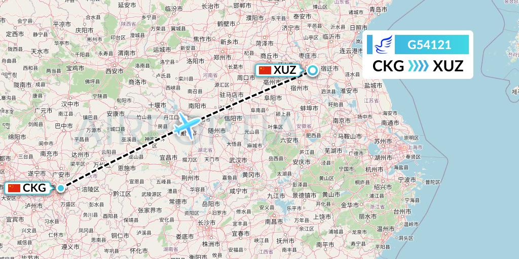 G54121 China Express Airlines Flight Map: Chongqing to Xuzhou