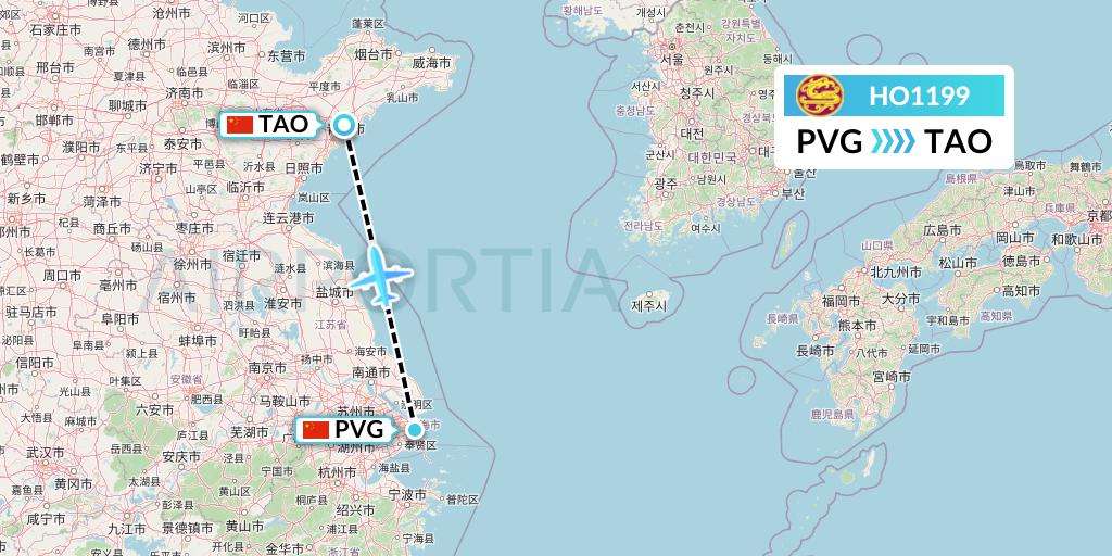 HO1199 Juneyao Airlines Flight Map: Shanghai to Qingdao