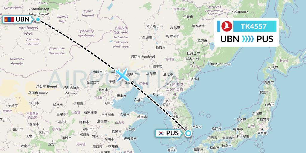 TK4557 Turkish Airlines Flight Map: Ulan Bator to Busan