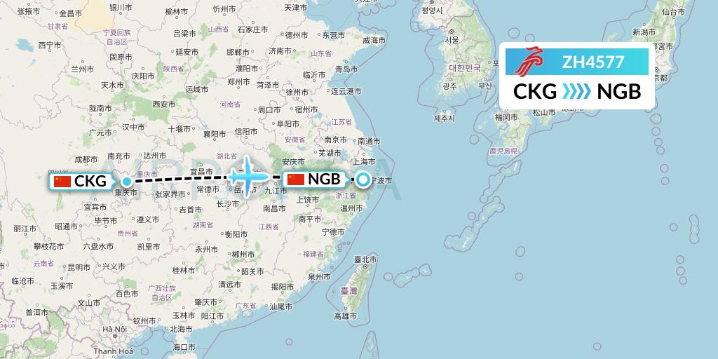 ZH4577 Shenzhen Airlines Flight Map: Chongqing to Ningbo