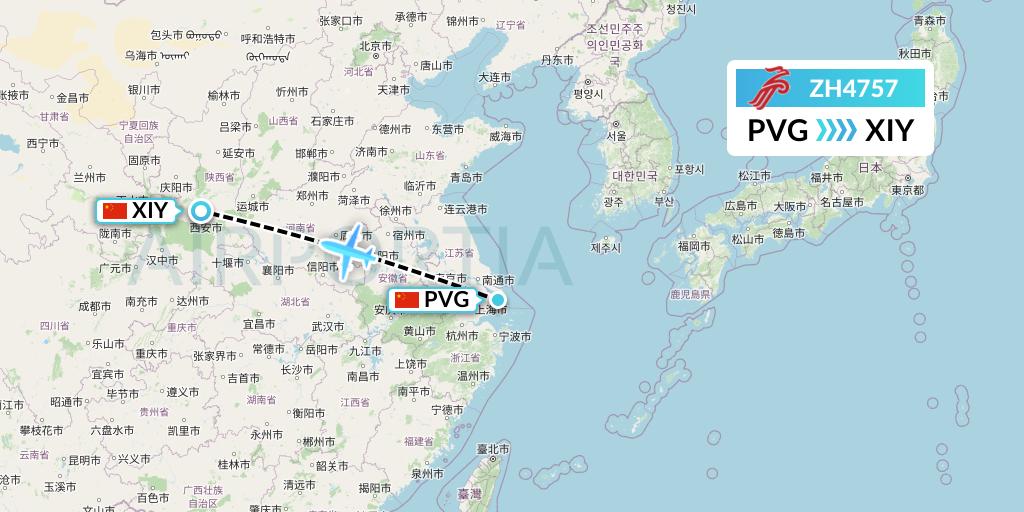 ZH4757 Shenzhen Airlines Flight Map: Shanghai to Xi'an