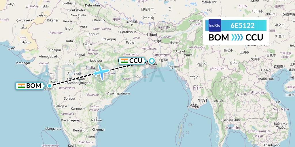 6E5122 IndiGo Airlines Flight Map: Mumbai to Kolkata