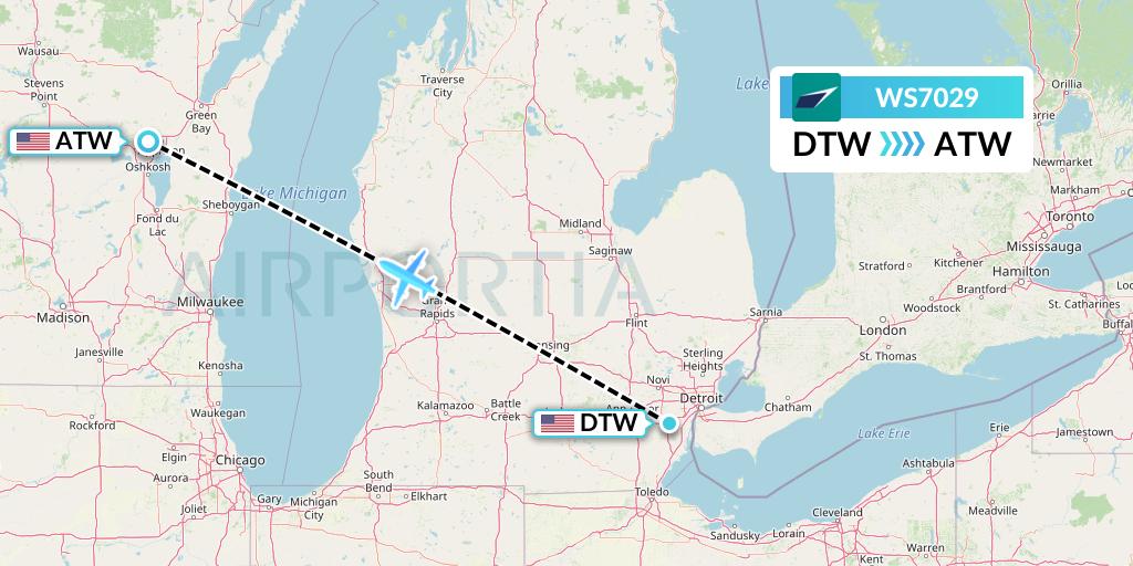 WS7029 WestJet Flight Map: Detroit to Appleton