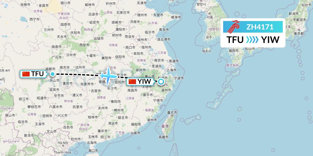 ZH4171 Shenzhen Airlines Flight Map: Chengdu to Yiwu
