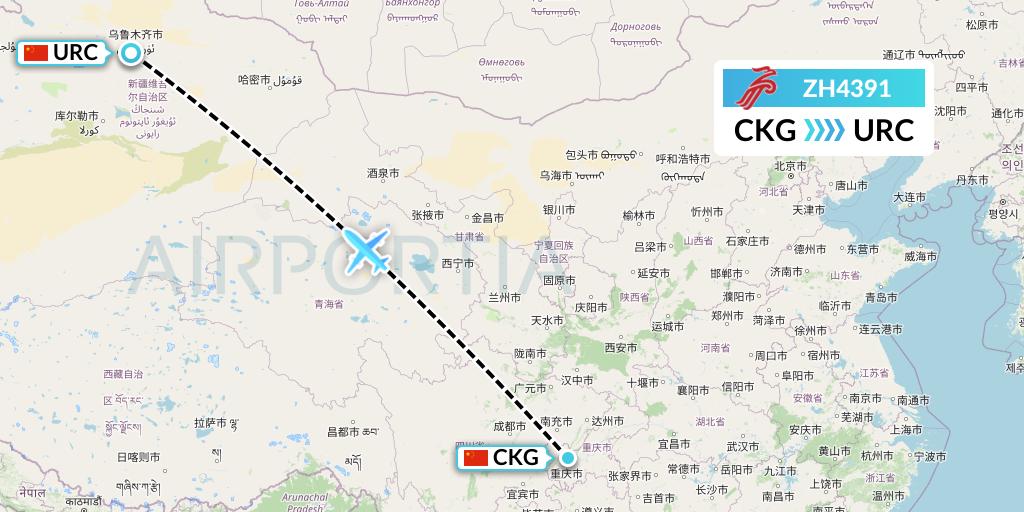 ZH4391 Shenzhen Airlines Flight Map: Chongqing to Urumqi