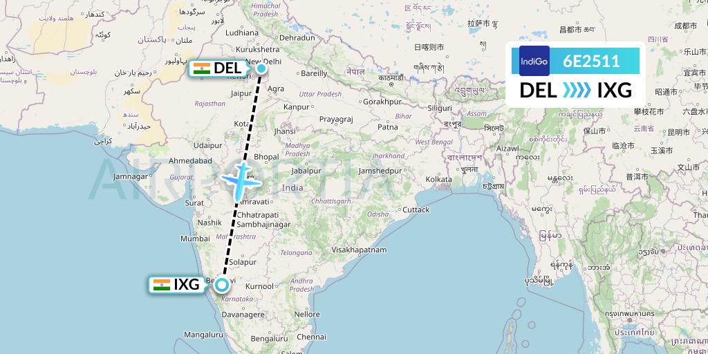 6E2511 IndiGo Airlines Flight Map: Delhi to Belgaum