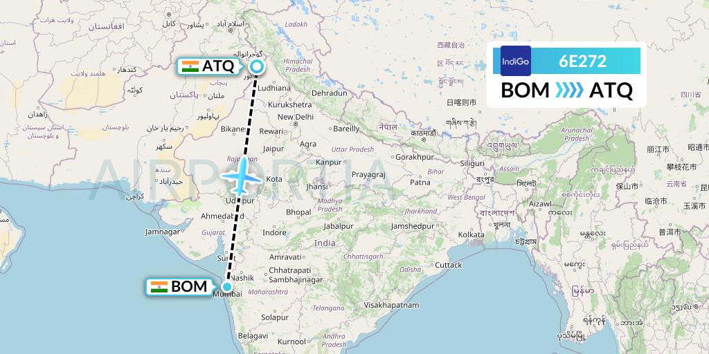 6E272 IndiGo Airlines Flight Map: Mumbai to Amritsar