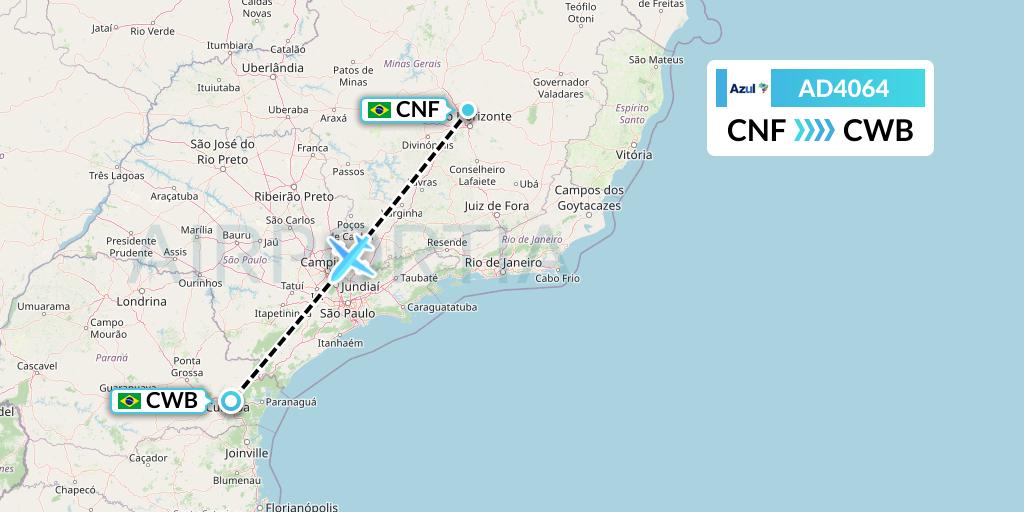 AD4064 Azul Brazilian Airlines Flight Map: Belo Horizonte to Curitiba