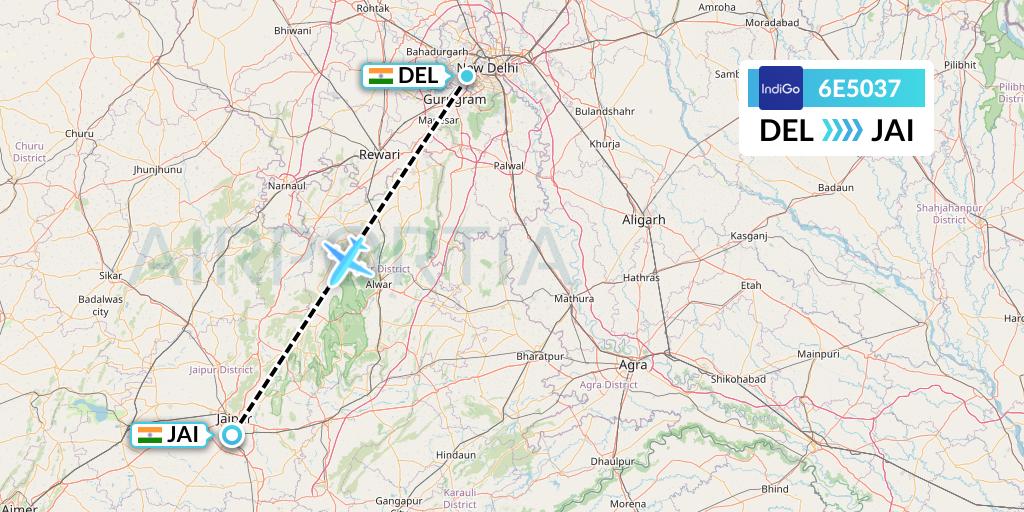 6E5037 IndiGo Airlines Flight Map: Delhi to Jaipur