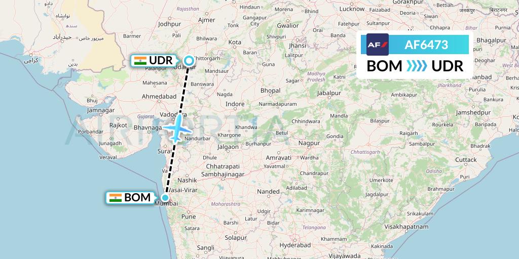 AF6473 Air France Flight Map: Mumbai to Udaipur