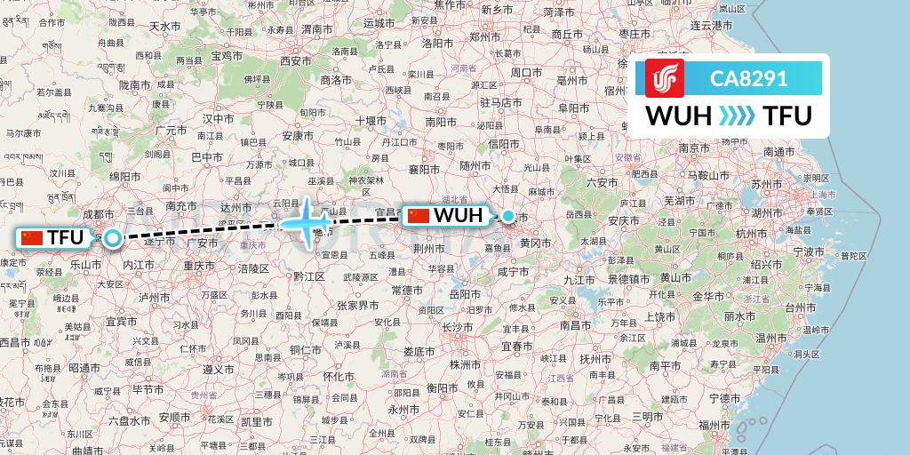 CA8291 Air China Flight Map: Wuhan to Chengdu