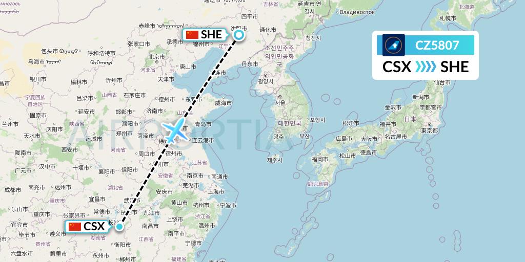 CZ5807 China Southern Airlines Flight Map: Changsha to Shenyang