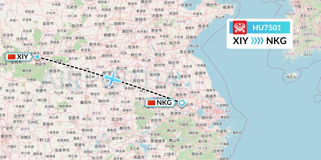 HU7501 Hainan Airlines Flight Map: Xi'an to Nanjing