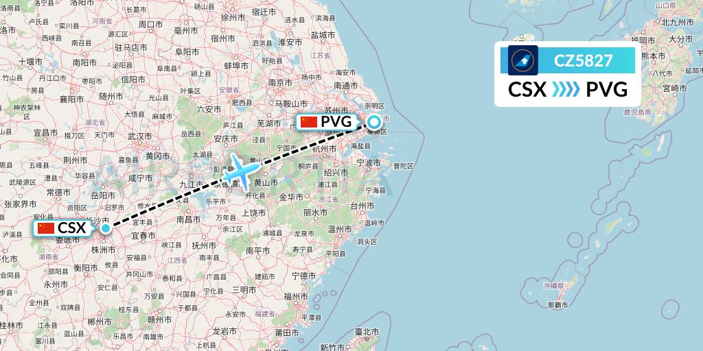 CZ5827 China Southern Airlines Flight Map: Changsha to Shanghai