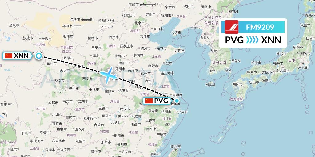 FM9209 Shanghai Airlines Flight Map: Shanghai to Xining
