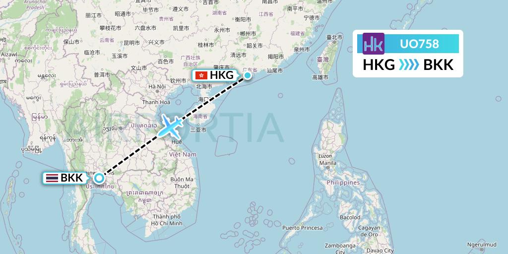 UO758 Hong Kong Express Flight Map: Hong Kong to Bangkok