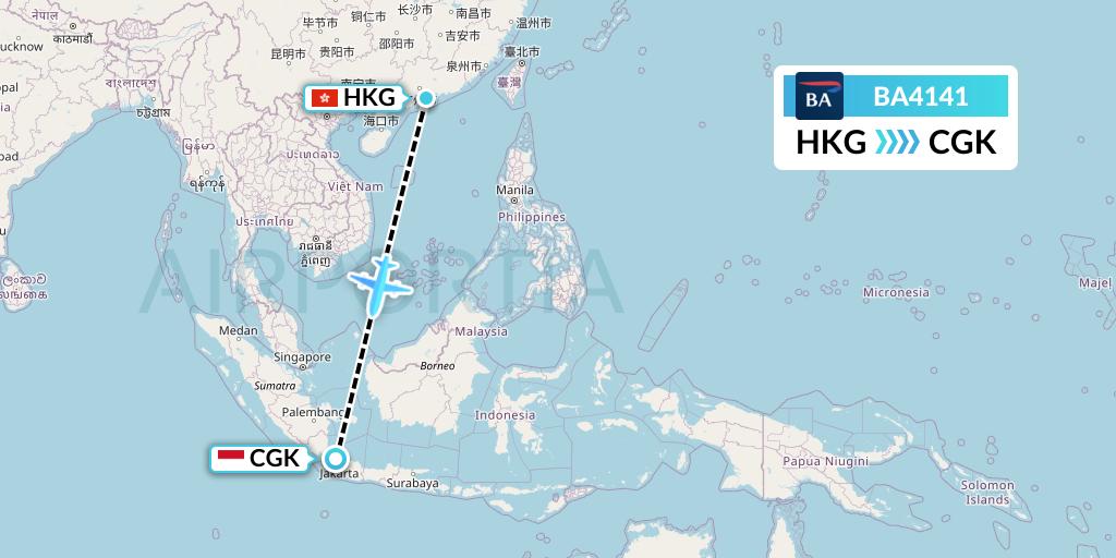 BA4141 British Airways Flight Map: Hong Kong to Jakarta