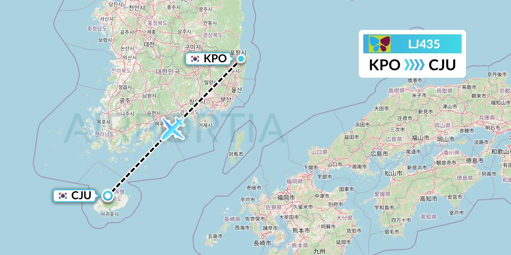 LJ435 Jin Air Flight Map: Pohang to Jeju