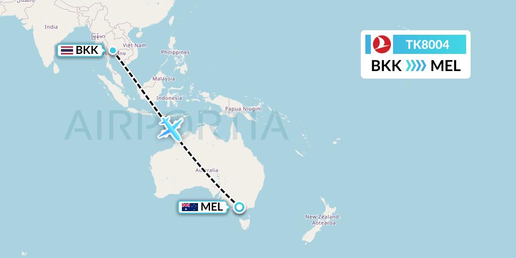 TK8004 Turkish Airlines Flight Map: Bangkok to Melbourne