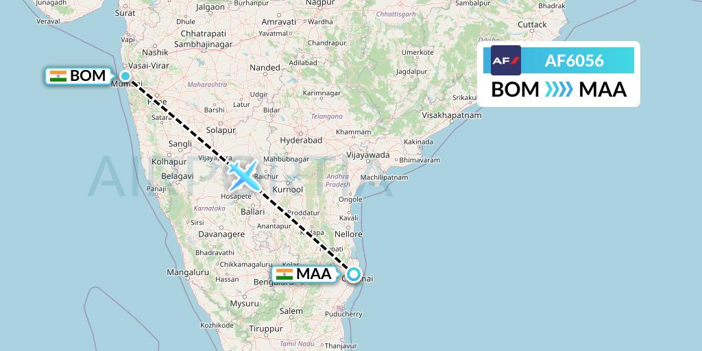 AF6056 Air France Flight Map: Mumbai to Chennai