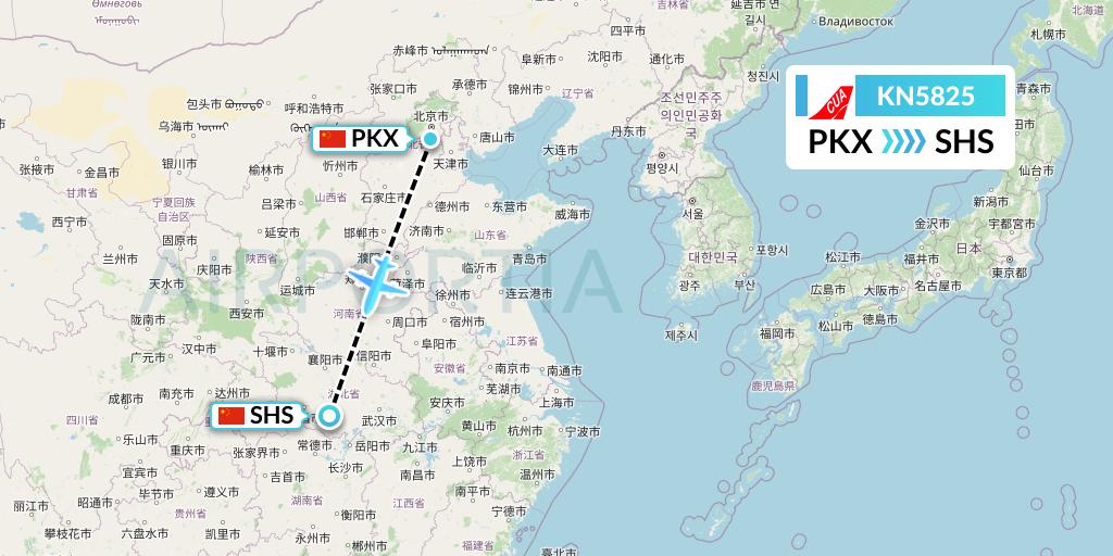 KN5825 China United Airlines Flight Map: Beijing to Shashi