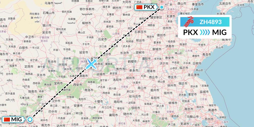 ZH4893 Shenzhen Airlines Flight Map: Beijing to Mianyang
