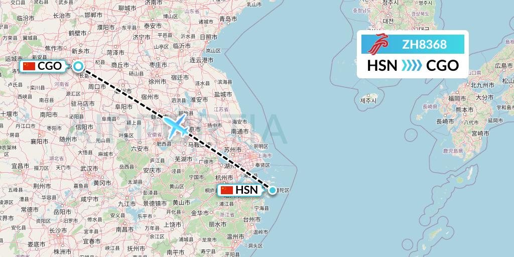 ZH8368 Shenzhen Airlines Flight Map: Zhoushan to Zhengzhou