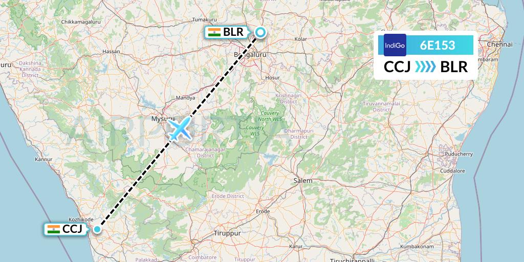6E153 IndiGo Airlines Flight Map: Kozhikode to Bangalore