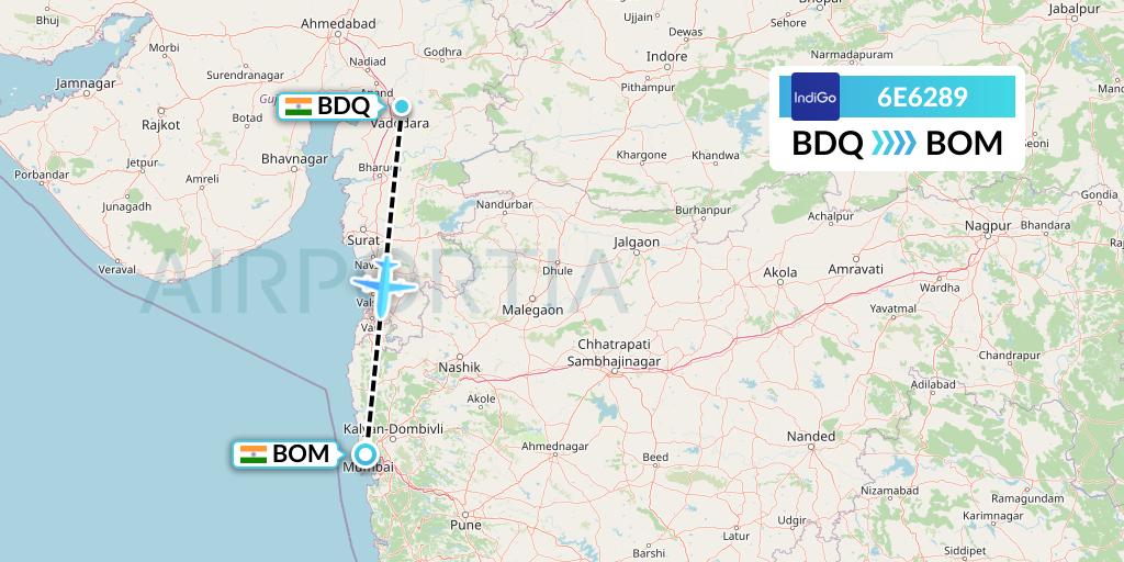 6E6289 IndiGo Airlines Flight Map: Vadodara to Mumbai